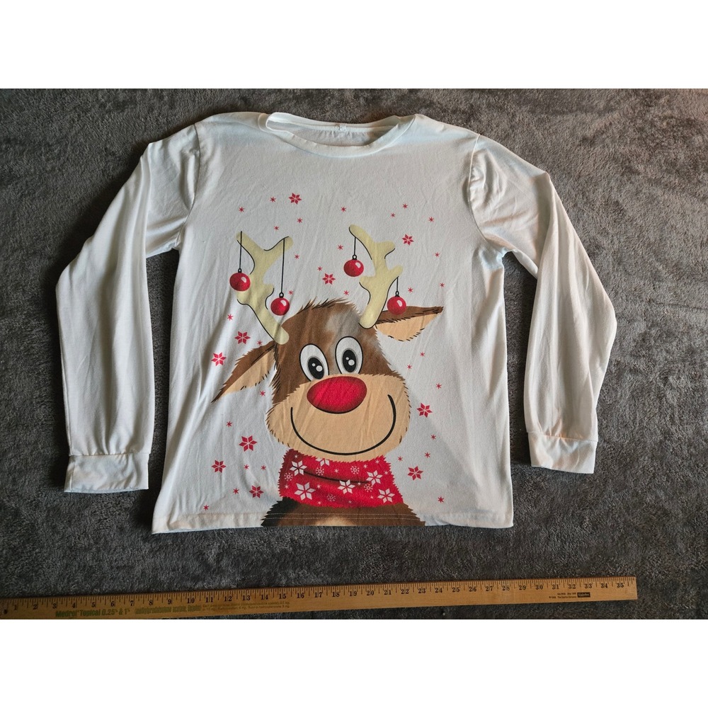 Unbranded Reindeer Graphic Long Sleeve Top Womens L White Good Festive Holiday